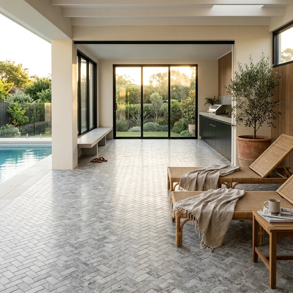 BHCS121 PARADISE TUNDRA GREY HERRINGBONE MOSAIC — poolside terrace