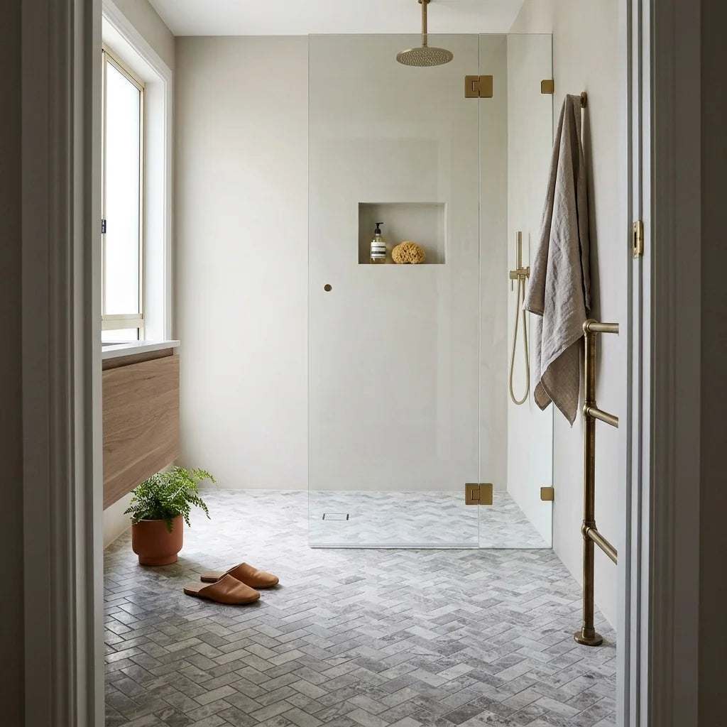 BHCS121 PARADISE TUNDRA GREY HERRINGBONE MOSAIC — walk-in shower