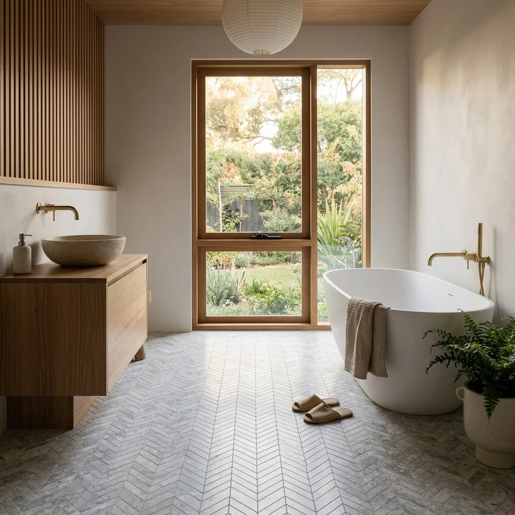 BHCS123 PARADISE TUNDRA WHITE CHEVRON MOSAIC — Japanese-inspired ensuite