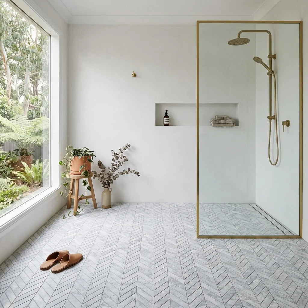 BHCS123 PARADISE TUNDRA WHITE CHEVRON MOSAIC — walk-in shower