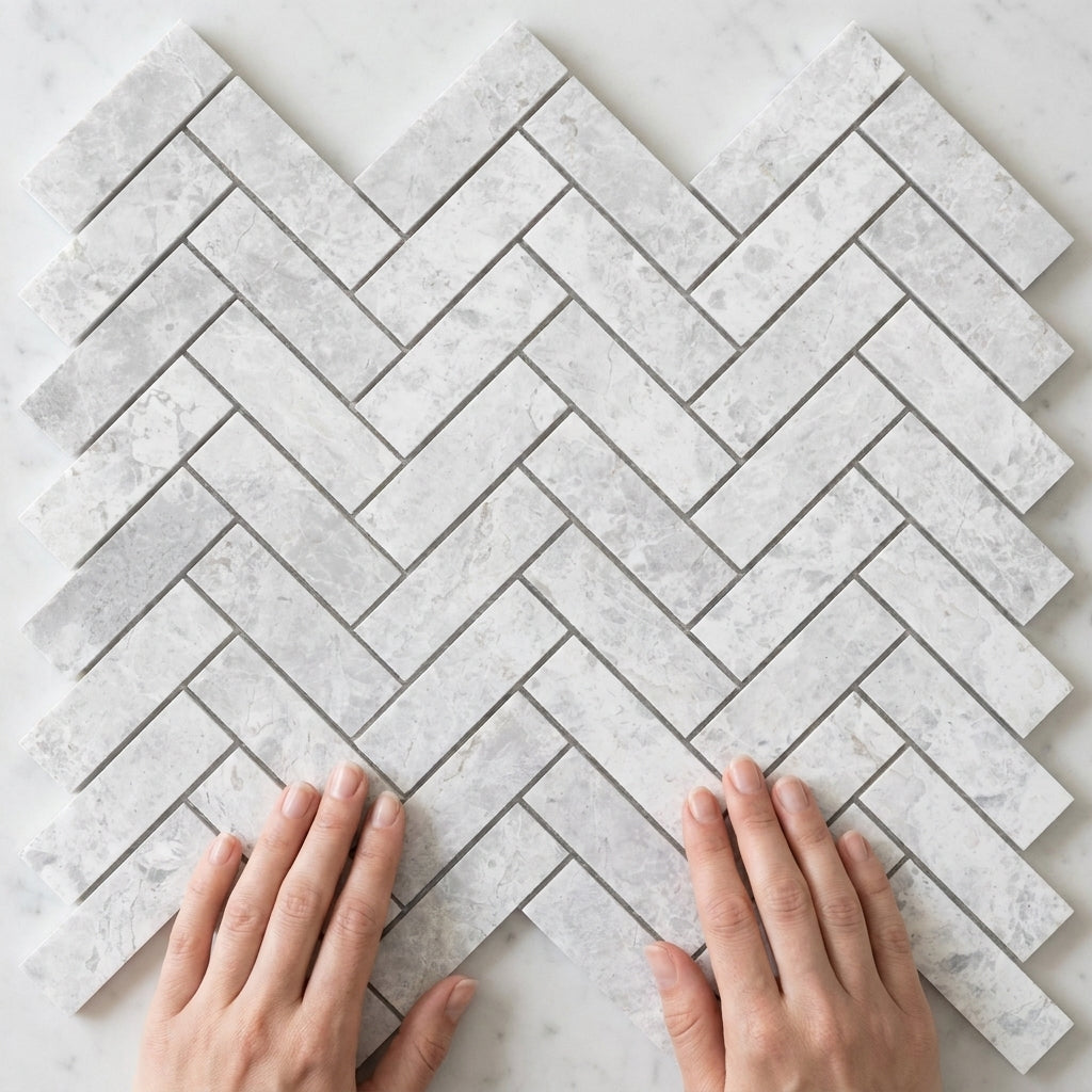 BHCS125	PARADISE TUNDRA WHITE HERRINGBONE MOSAIC