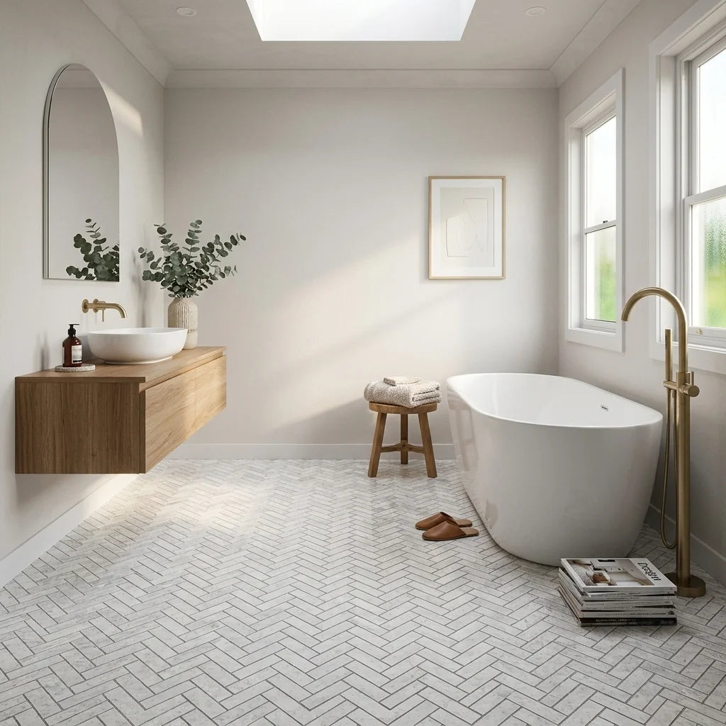 BHCS125 PARADISE TUNDRA WHITE HERRINGBONE MOSAIC — main bathroom