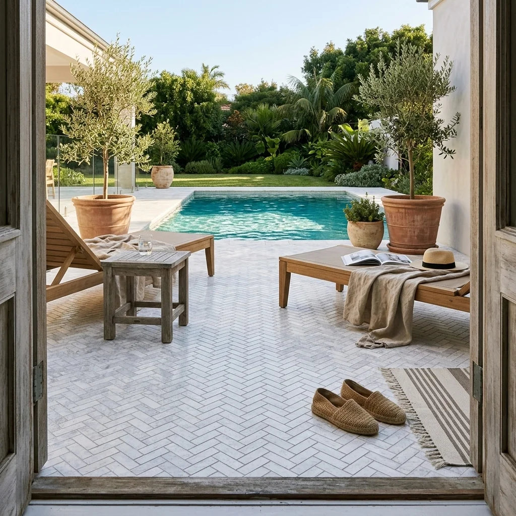 BHCS125 PARADISE TUNDRA WHITE HERRINGBONE MOSAIC — poolside terrace