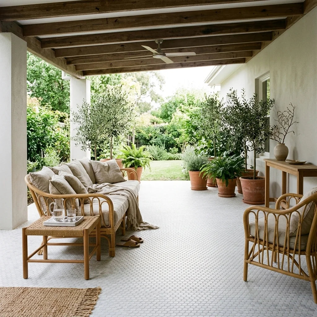 BHCS126 PARADISE TUNDRA WHITE SQUARE MOSAIC — covered patio