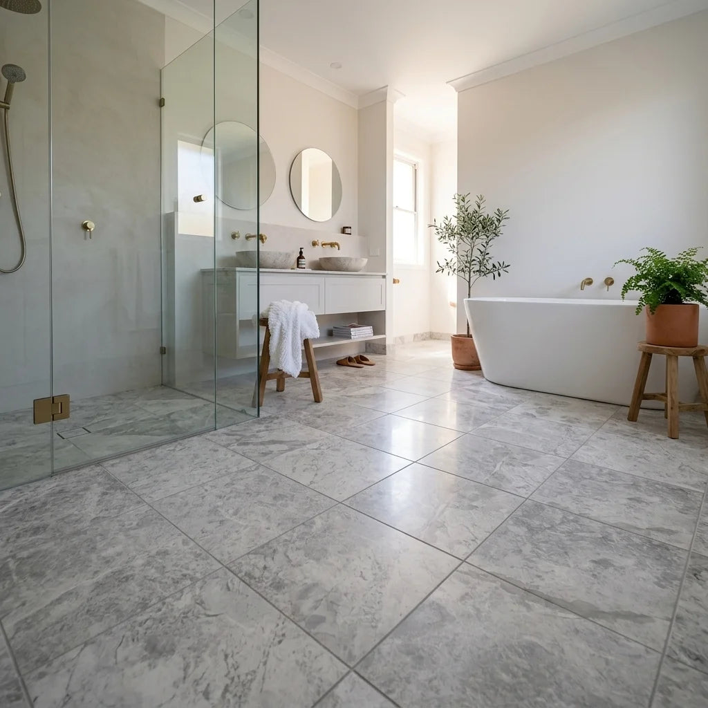 BHCS126 PARADISE TUNDRA WHITE SQUARE MOSAIC — ensuite bathroom