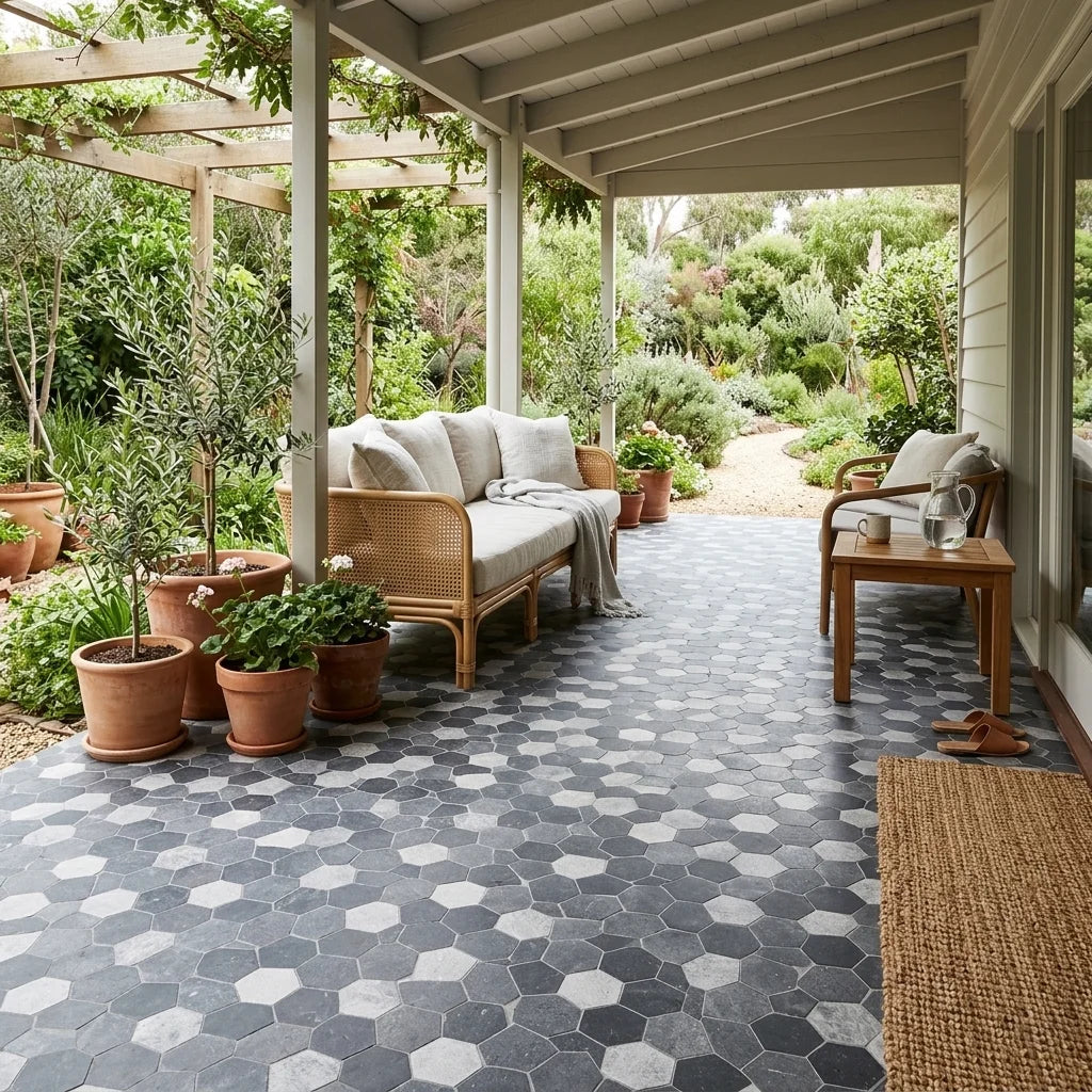 BHCS21 PETRA GREY LARGE HEXAGON MOSAIC — covered patio