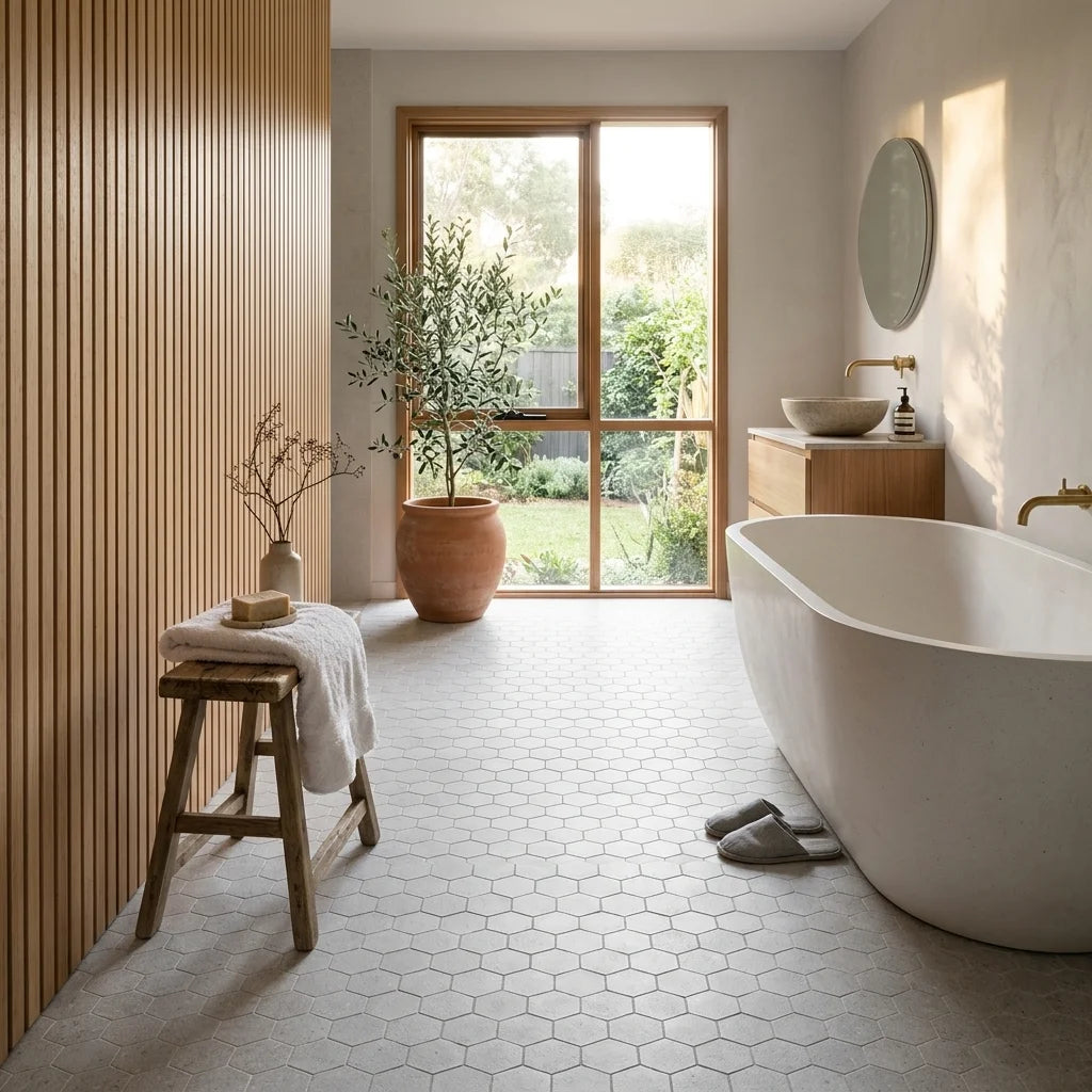 BHCS22 Light Grey Hexagon Mosaic — Japanese-inspired ensuite