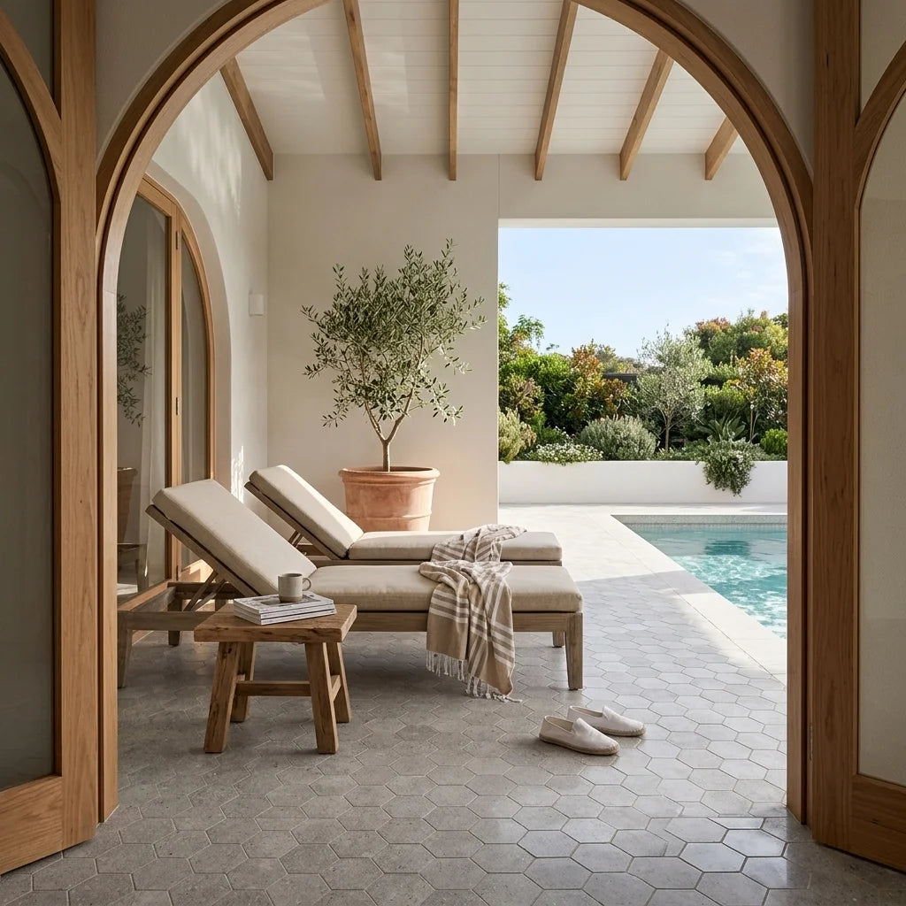 BHCS22 Light Grey Hexagon Mosaic — poolside terrace