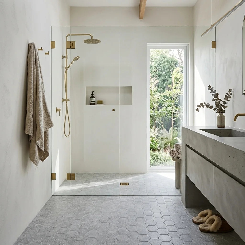 BHCS22 Light Grey Hexagon Mosaic — walk-in shower