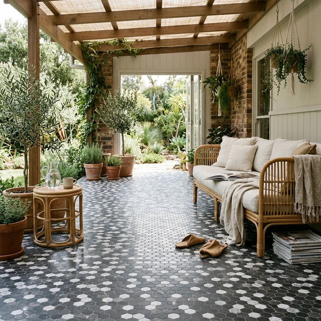 BHCS23 PETRA GREY SMALL HEXAGON MOSAIC — covered patio