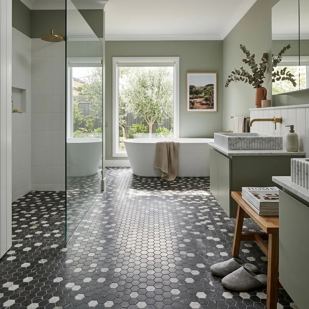 BHCS23 PETRA GREY SMALL HEXAGON MOSAIC — ensuite bathroom