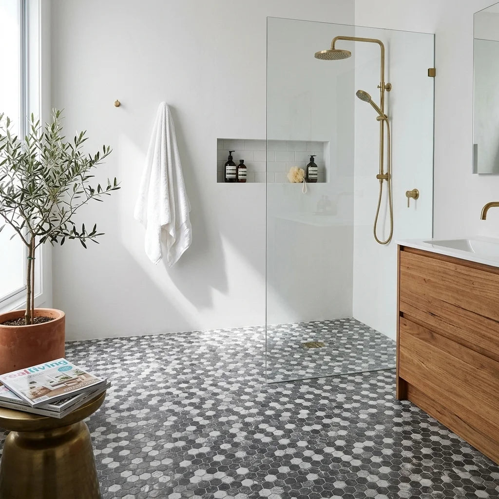BHCS23 PETRA GREY SMALL HEXAGON MOSAIC — walk-in shower