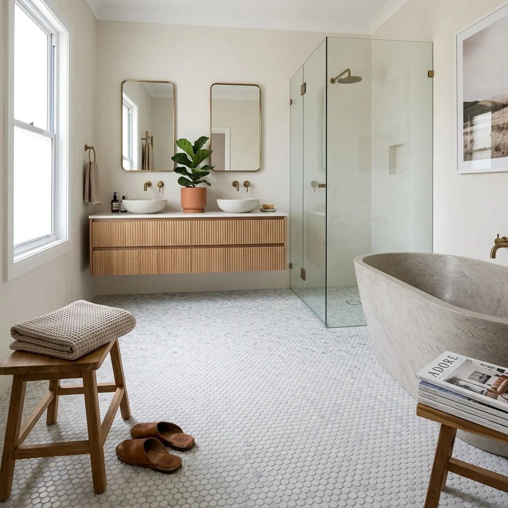 BHCS28 CARRARA PENNY ROUND MOSAIC — ensuite bathroom