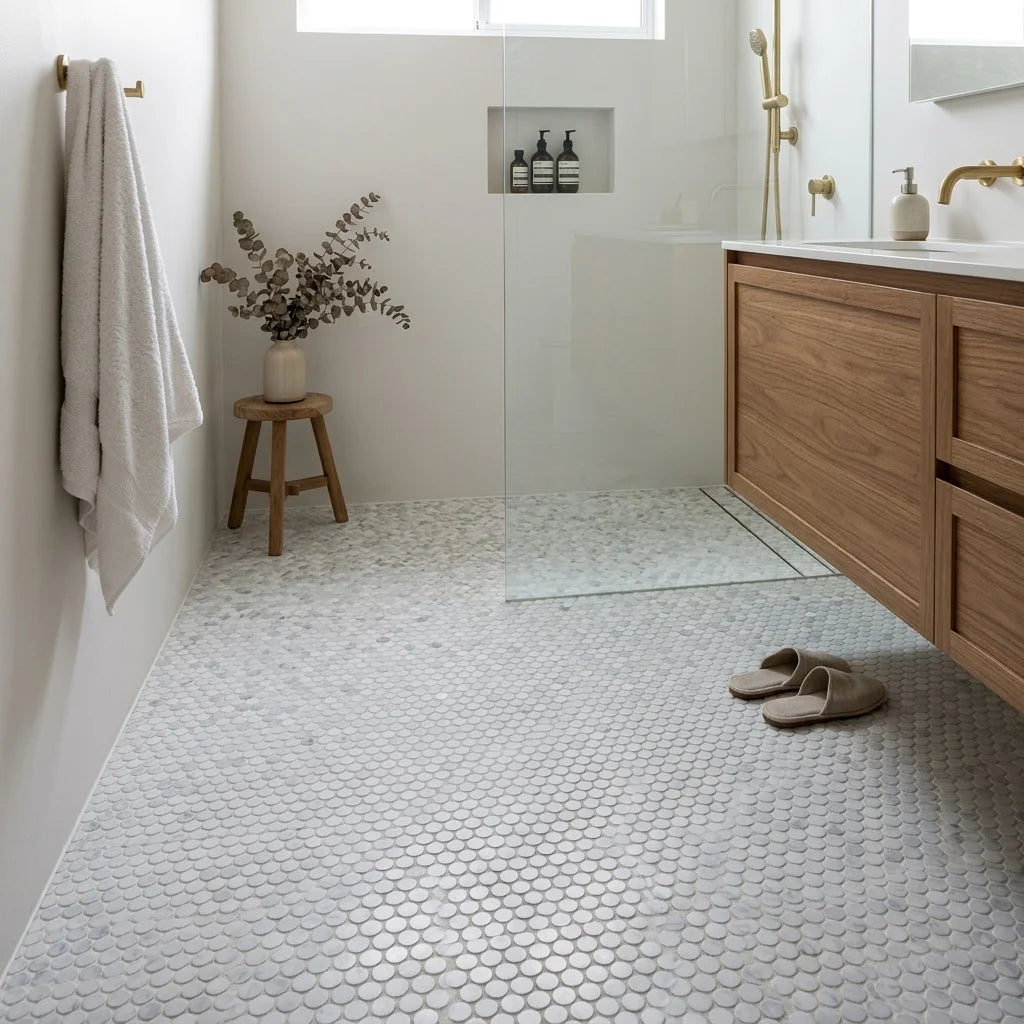 BHCS28 CARRARA PENNY ROUND MOSAIC — walk-in shower