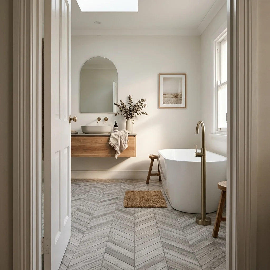 BHCS29 WOOD LIGHT GREY CHEVRON MOSAIC — main bathroom