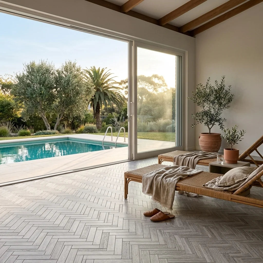 BHCS29 WOOD LIGHT GREY CHEVRON MOSAIC — poolside terrace