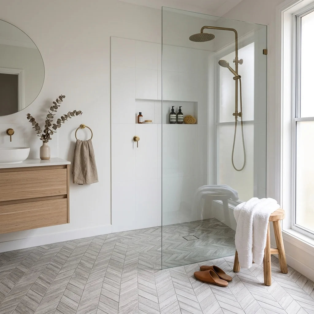 BHCS29 WOOD LIGHT GREY CHEVRON MOSAIC — walk-in shower