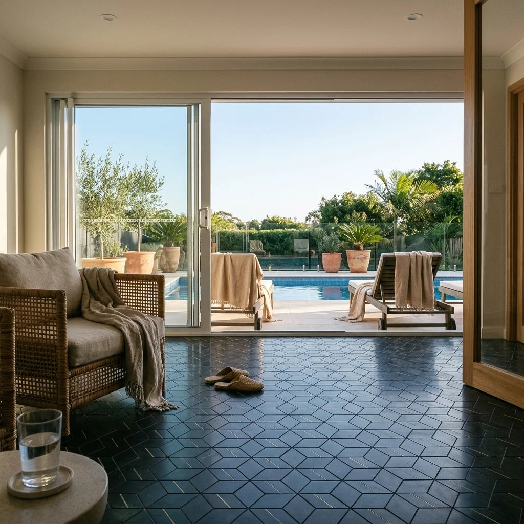 BHCS34 CUBIC NERO MARQUINA 345X298 HONED — poolside terrace