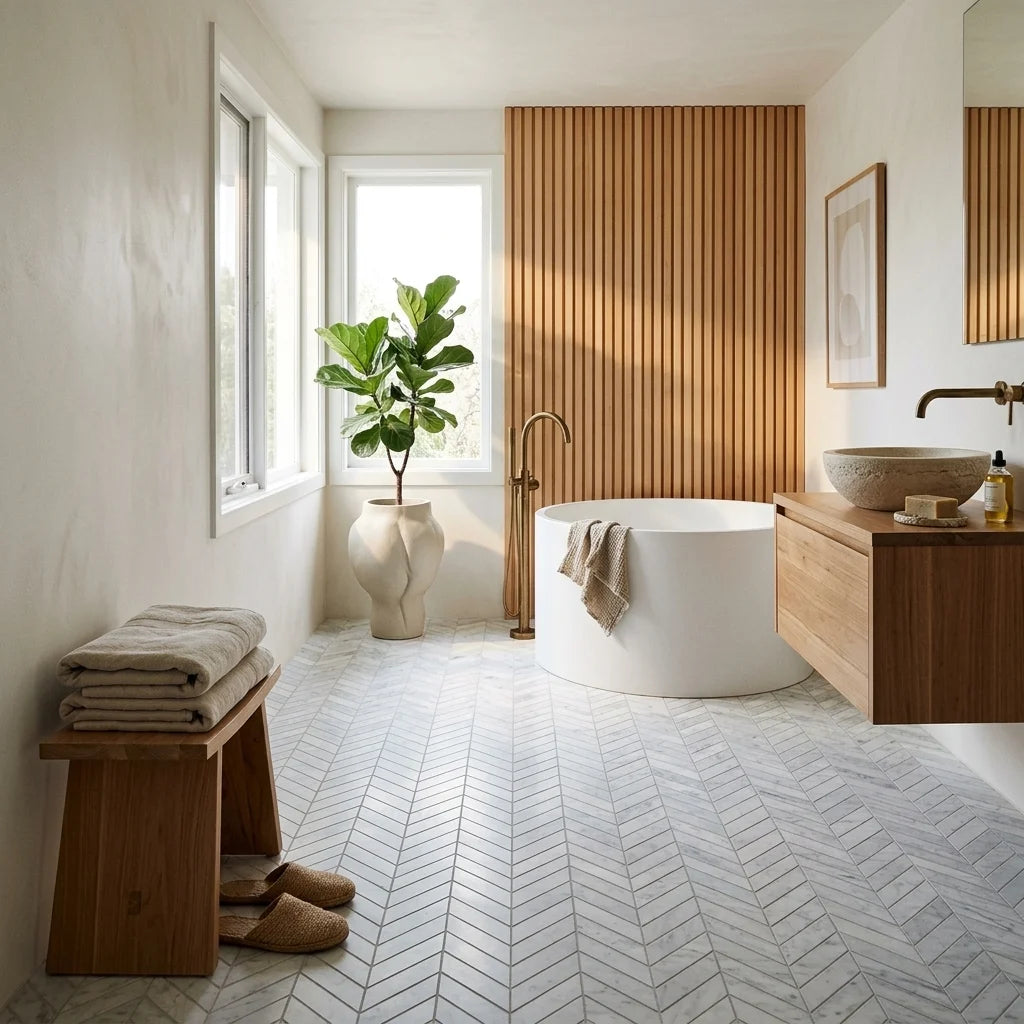 BHCS35 CARRARA CHEVRON MOSAIC — Japanese-inspired ensuite