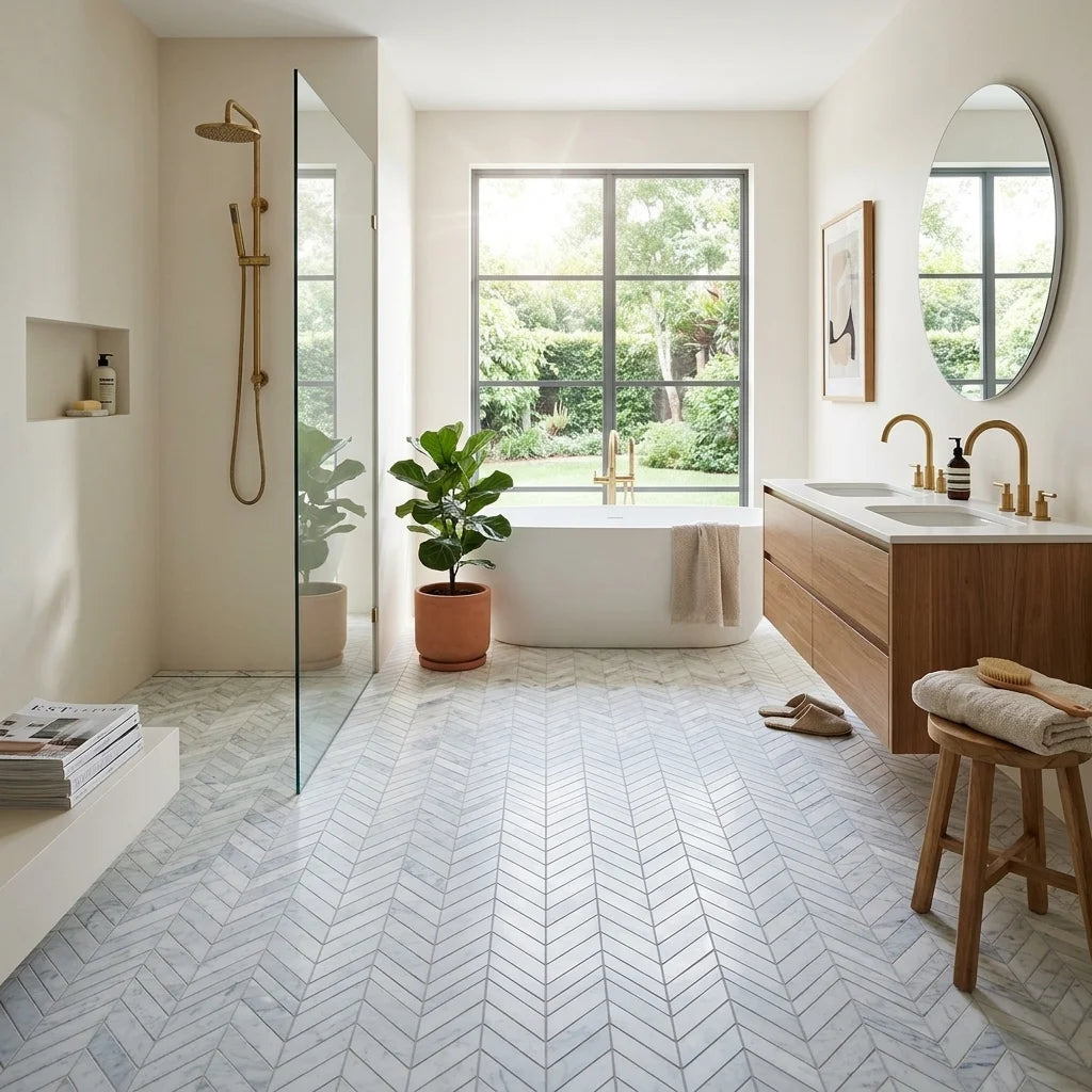 BHCS35 CARRARA CHEVRON MOSAIC — ensuite bathroom