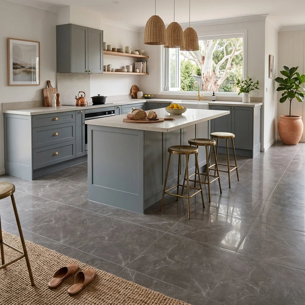 BHCS5 ELEGANT D GREY 6x6 polished — open-plan kitchen