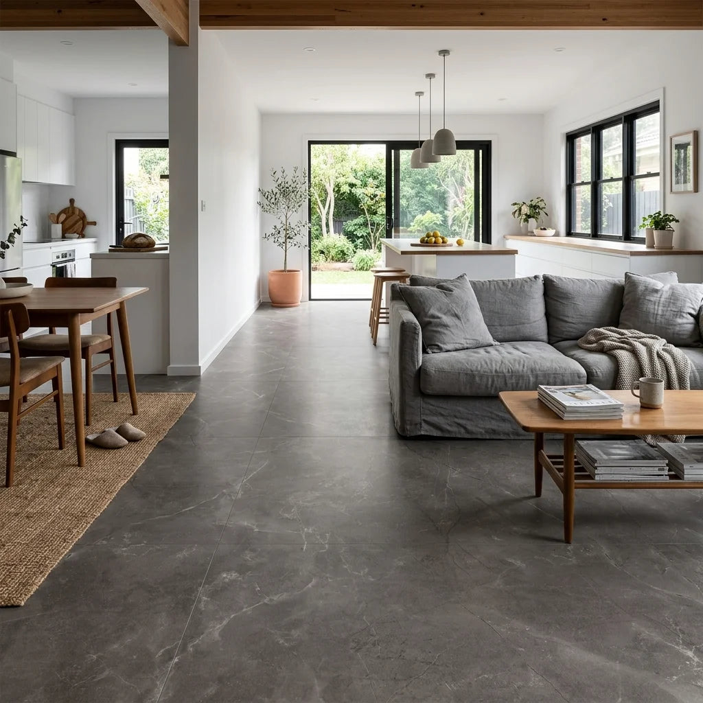 BHCS5 ELEGANT D GREY 6x6 polished — open-plan living + dining + kitchen