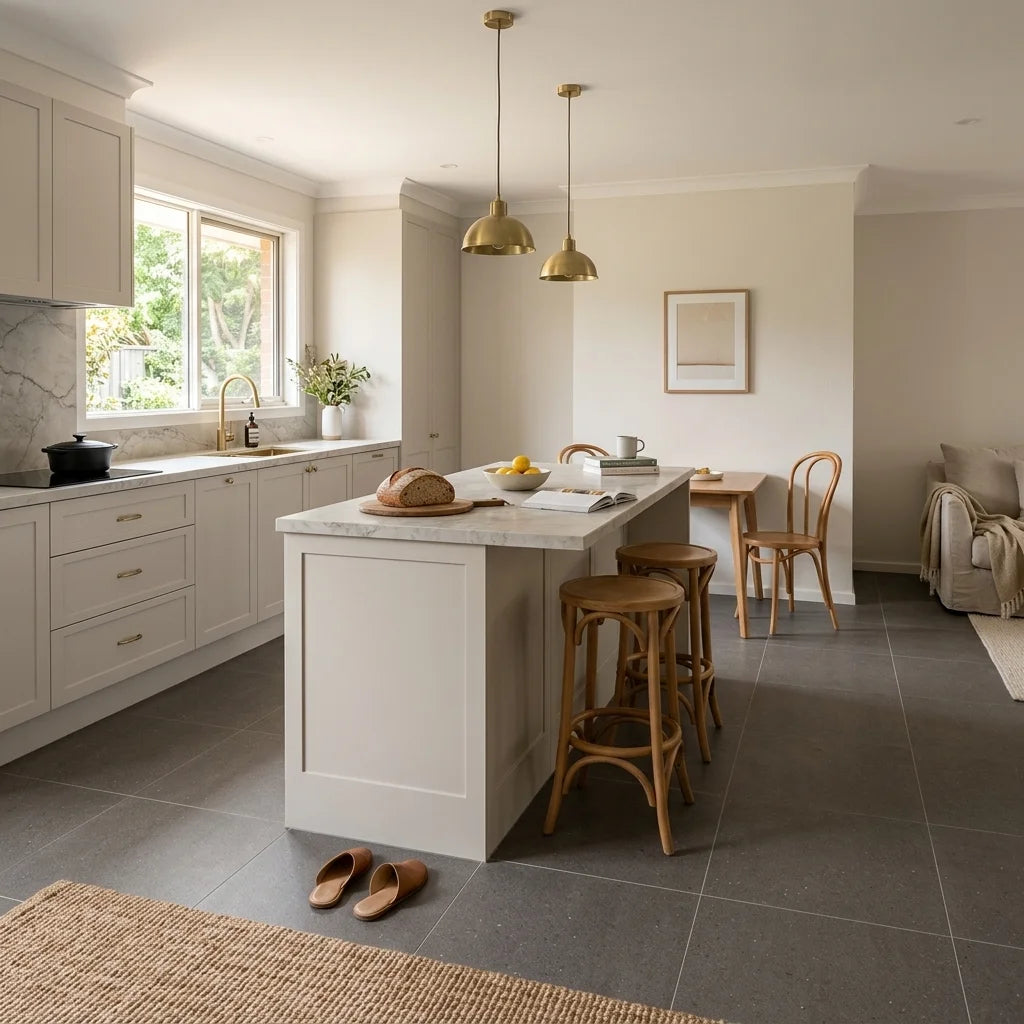 BHCV104 SPARKLE CHARCOAL 600X600 MATT — open-plan kitchen