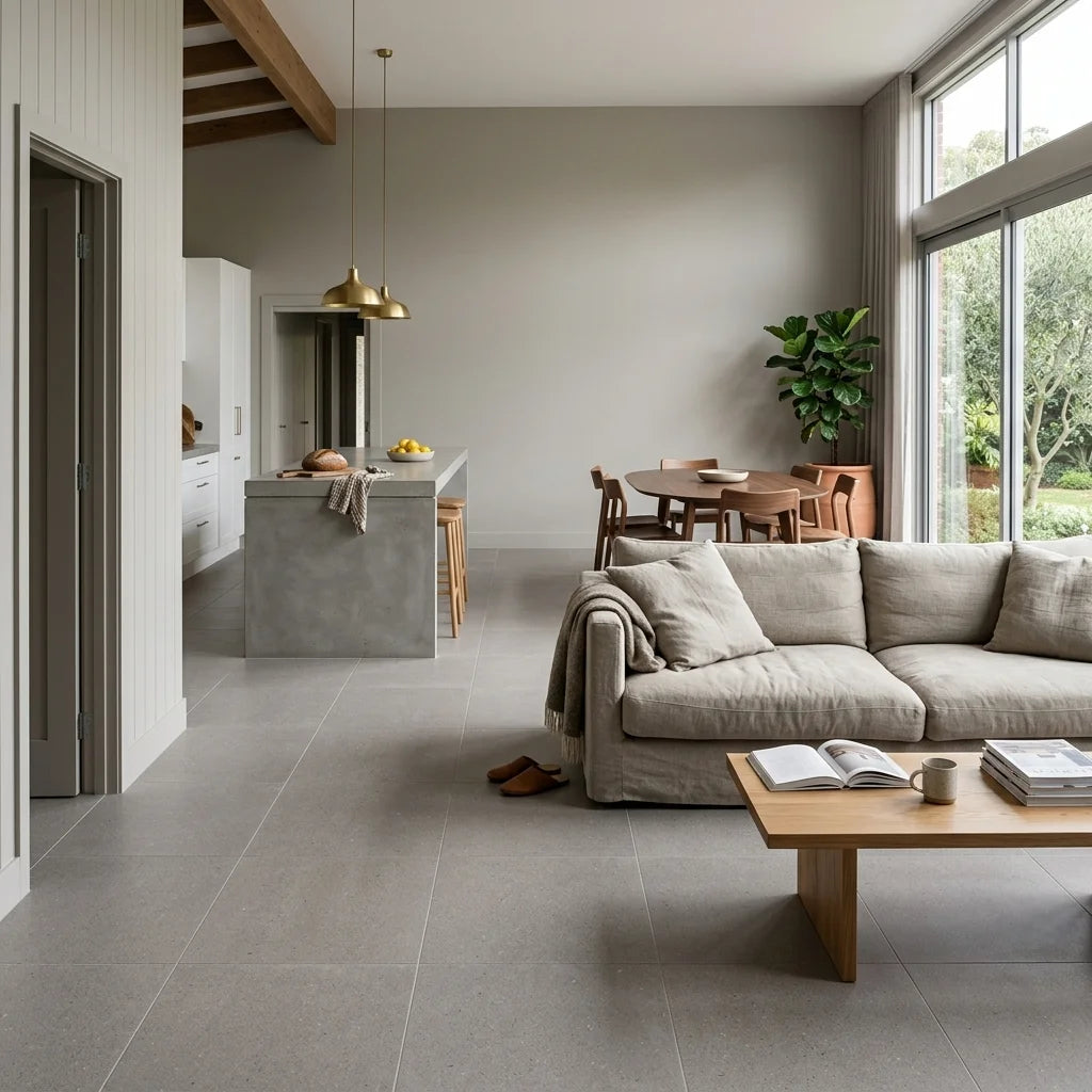 BHCV107 SPARKLE GREY 600X600 MATT — open-plan living + dining + kitchen