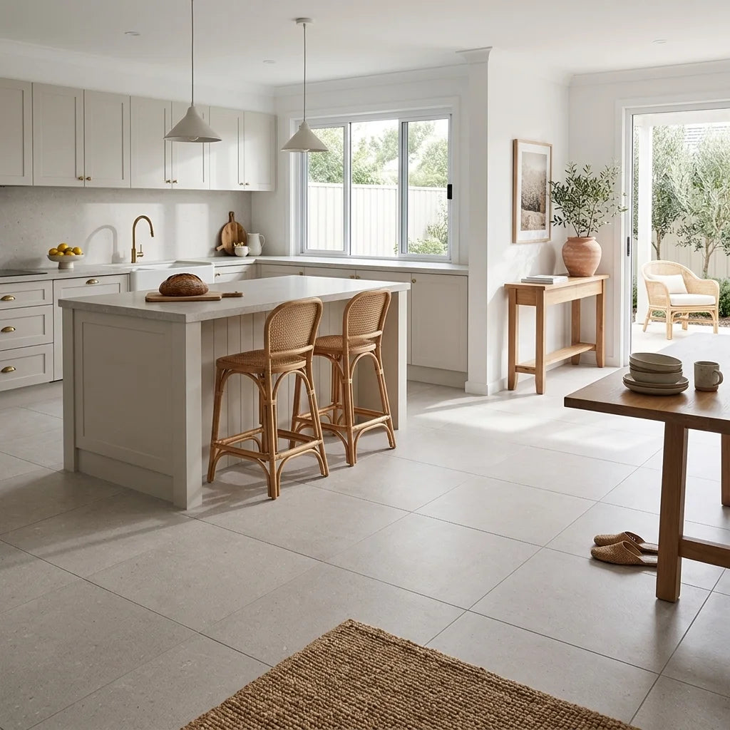 BHCV110 SPARKLE LIGHT GREY 600X600 MATT — open-plan kitchen