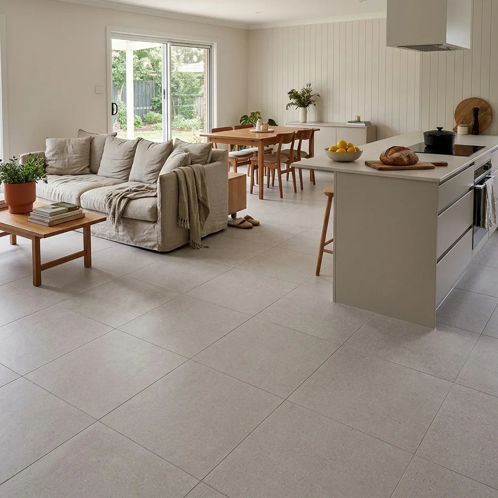 BHCV110 SPARKLE LIGHT GREY 600X600 MATT — open-plan living + dining + kitchen