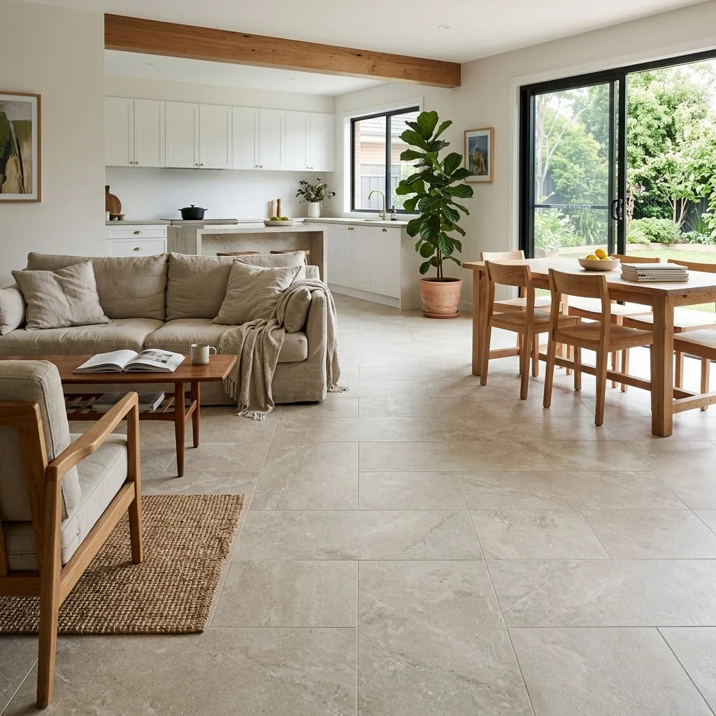 BHCV114 SEA BEIGE 600X1200MM MATT — open-plan living + dining + kitchen
