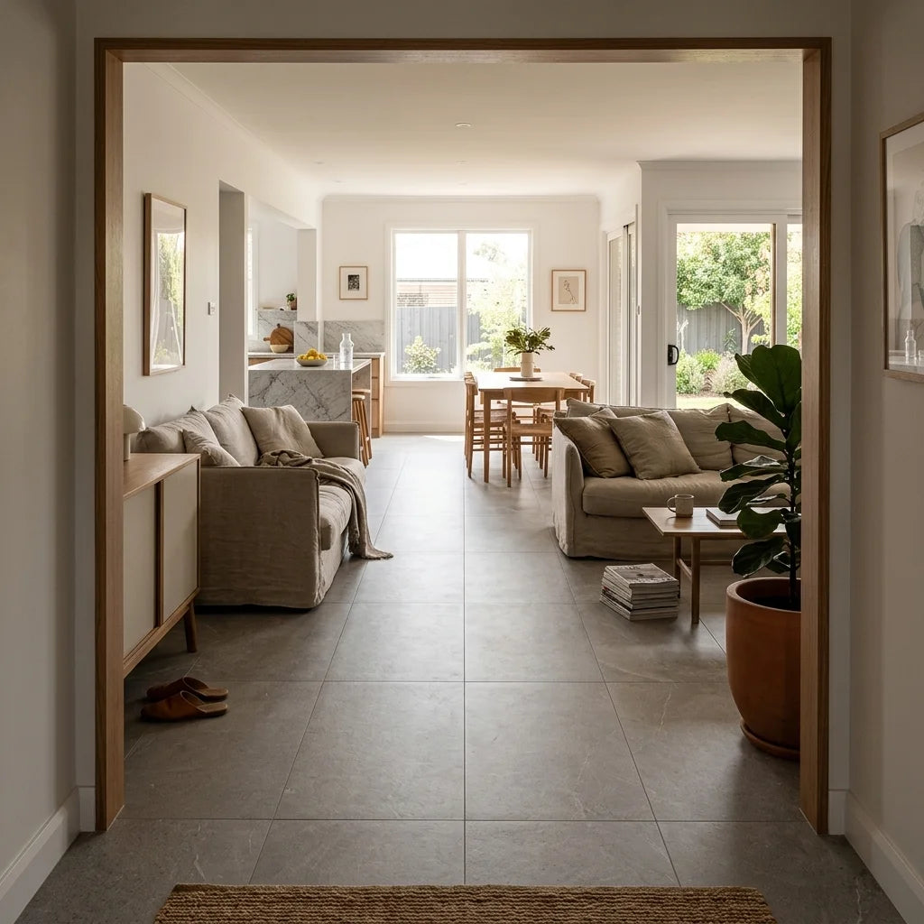 BHCV12 EASY CINDER SMART-TECH 1200X600 MATT — open-plan living + dining + kitchen
