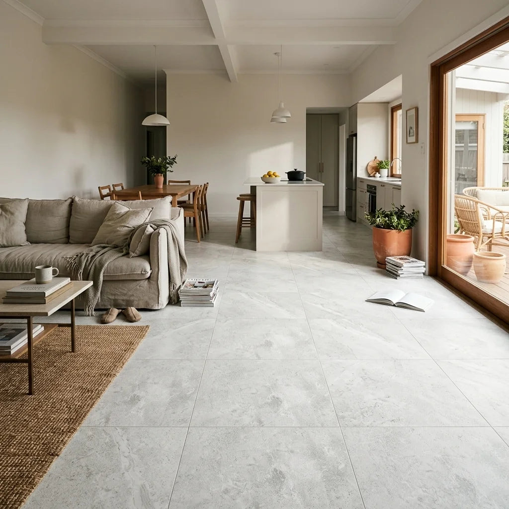 BHCV136 Sea White 600 X 1200MM Matt — open-plan living + dining + kitchen