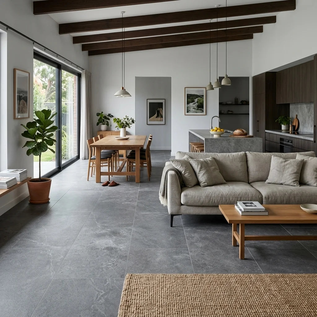 BHCV137 Sea Dark Grey 600 X 1200MM Matt — open-plan living + dining + kitchen