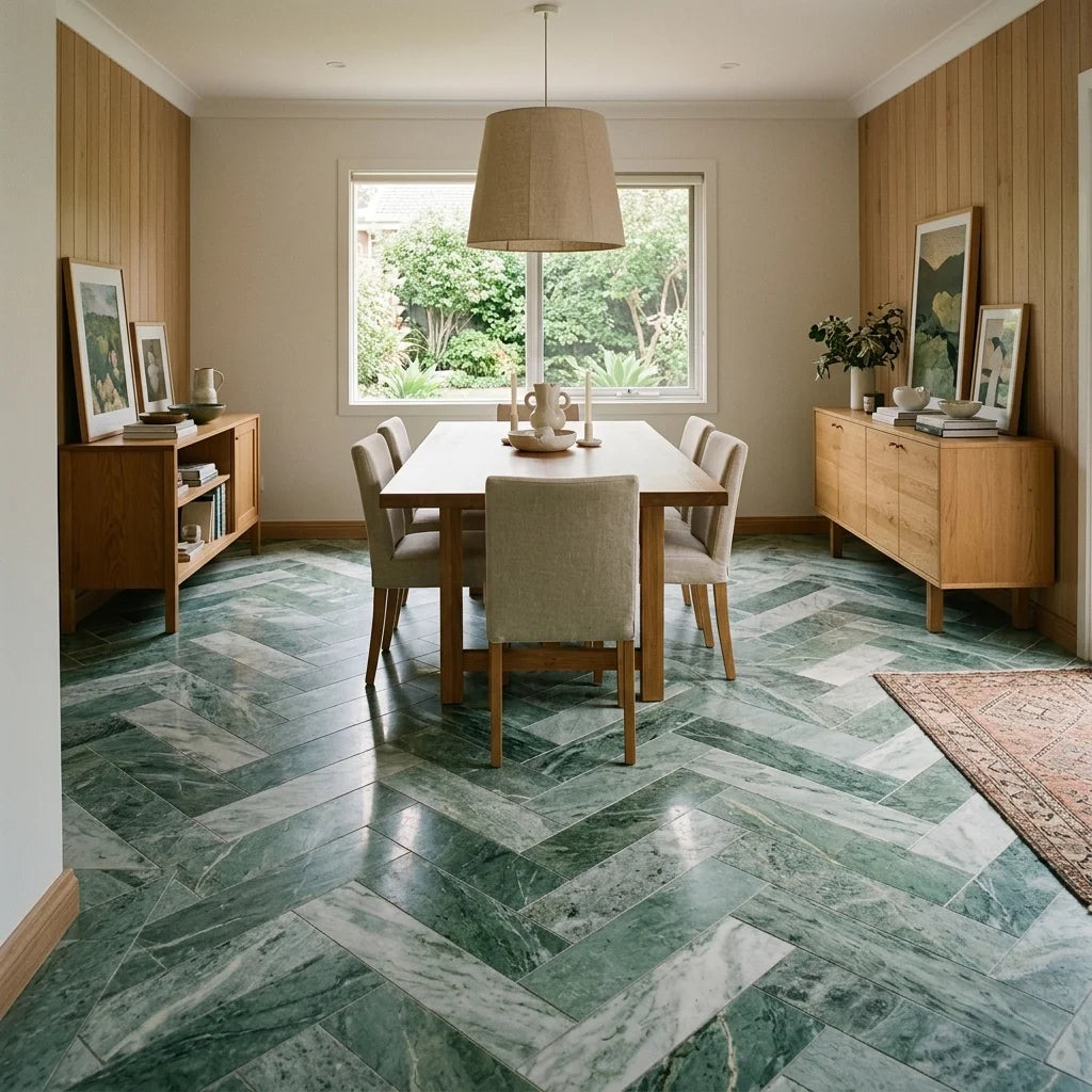 BHCV40 Calcutta Green Herringbone 23*73*7MM — dining room