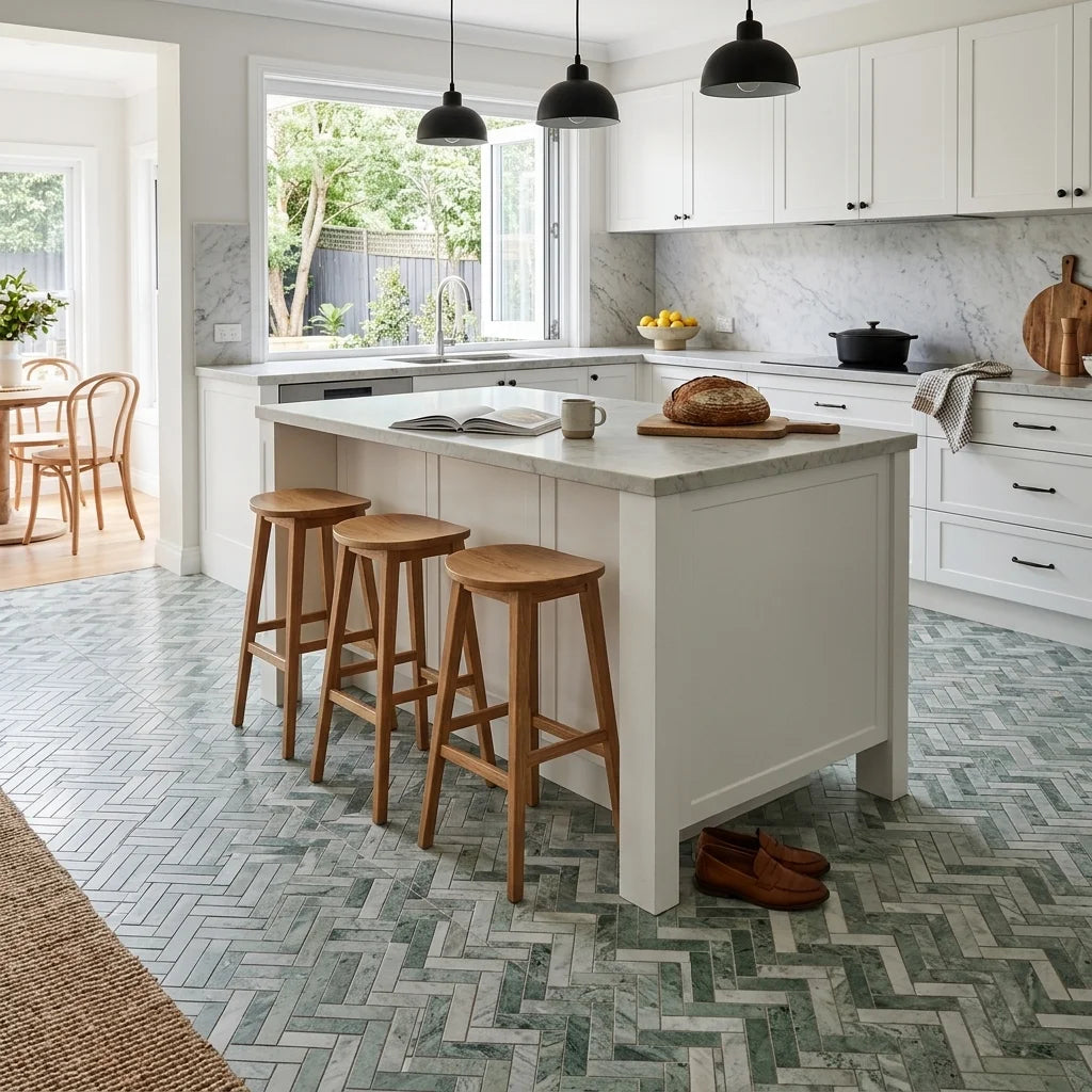 BHCV40 Calcutta Green Herringbone 23*73*7MM — open-plan kitchen
