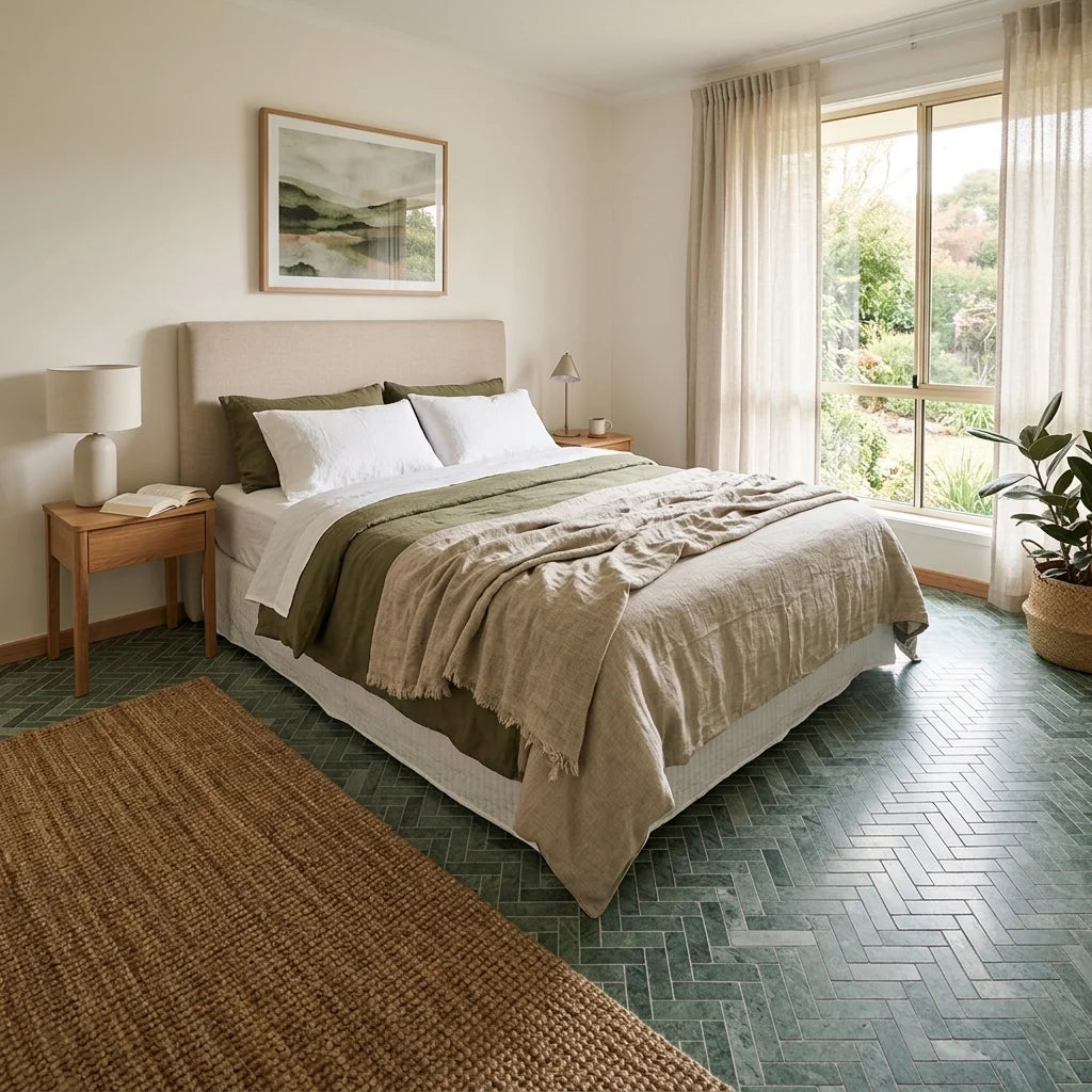 BHCV41 calcutta large green herringbone — bedroom