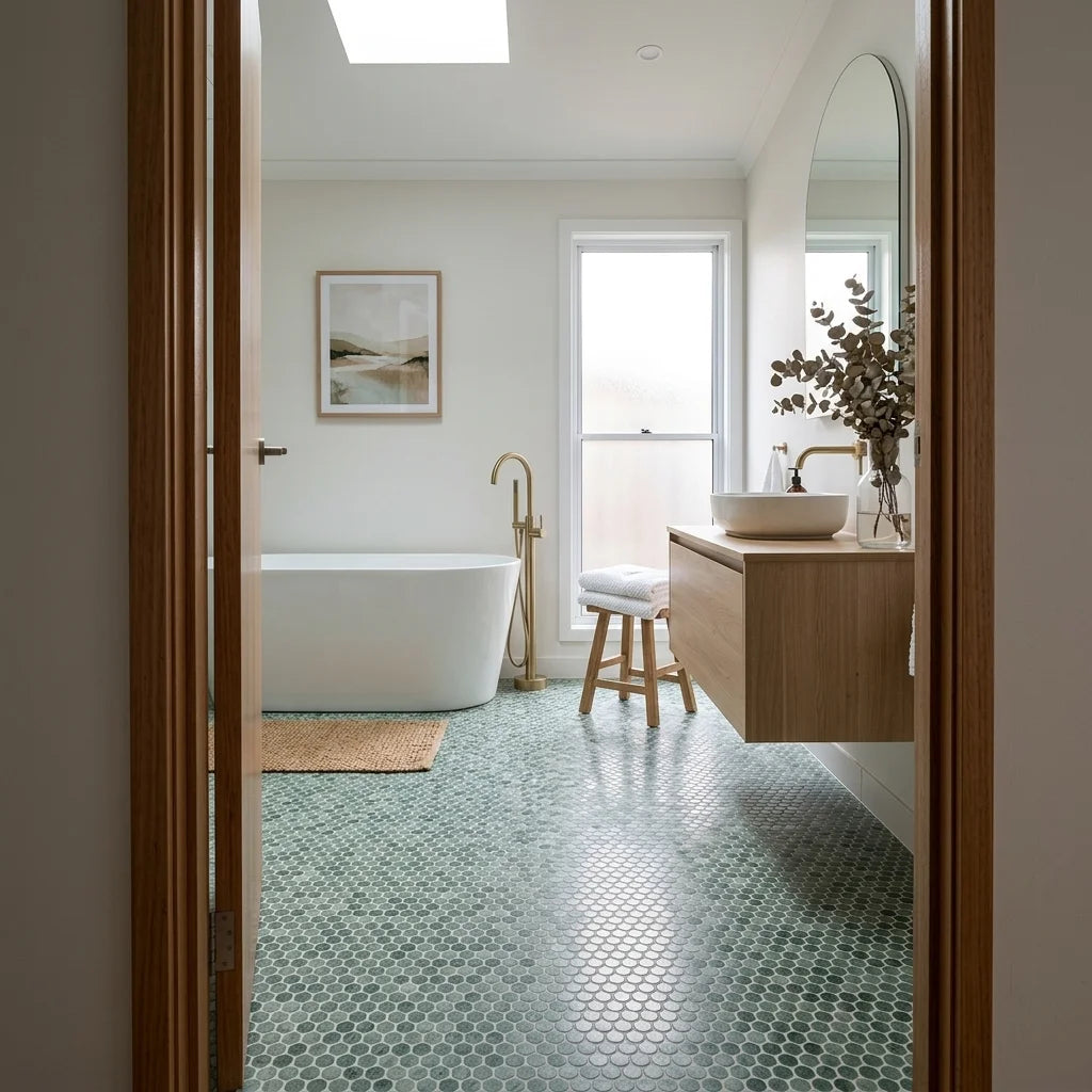 BHCV43 calcutta green penny round 23*7MM — main bathroom