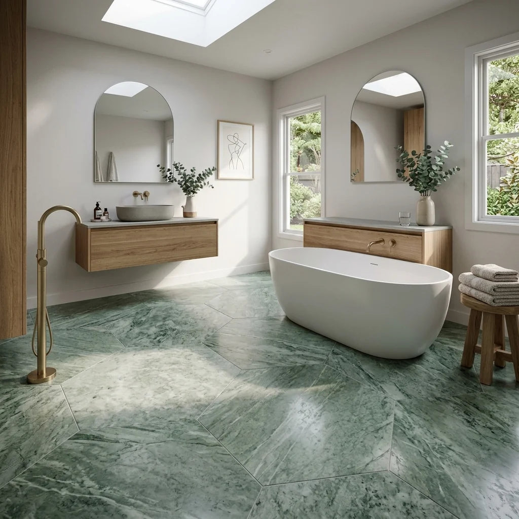 BHCV44 calcutta green hexagon 73*73*7MM — main bathroom