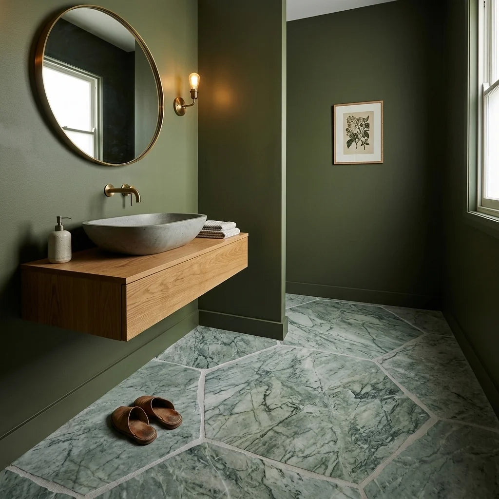 BHCV44 calcutta green hexagon 73*73*7MM — powder room