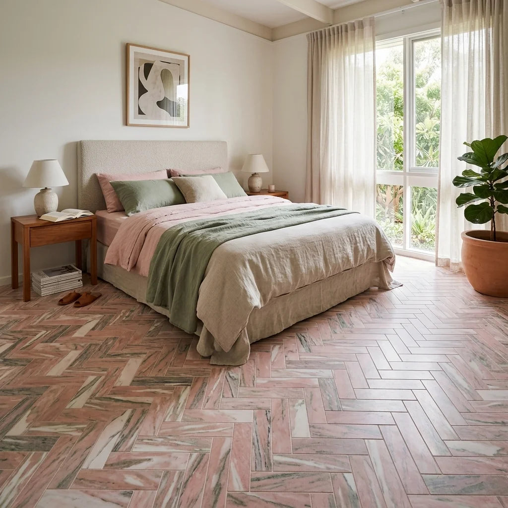 BHCV47 PINK MARBLE LARGE HERRINGBONE — bedroom