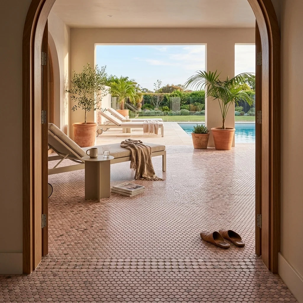 BHCV48 PINK MARBLE PENNY ROUND 23*7MM — poolside terrace