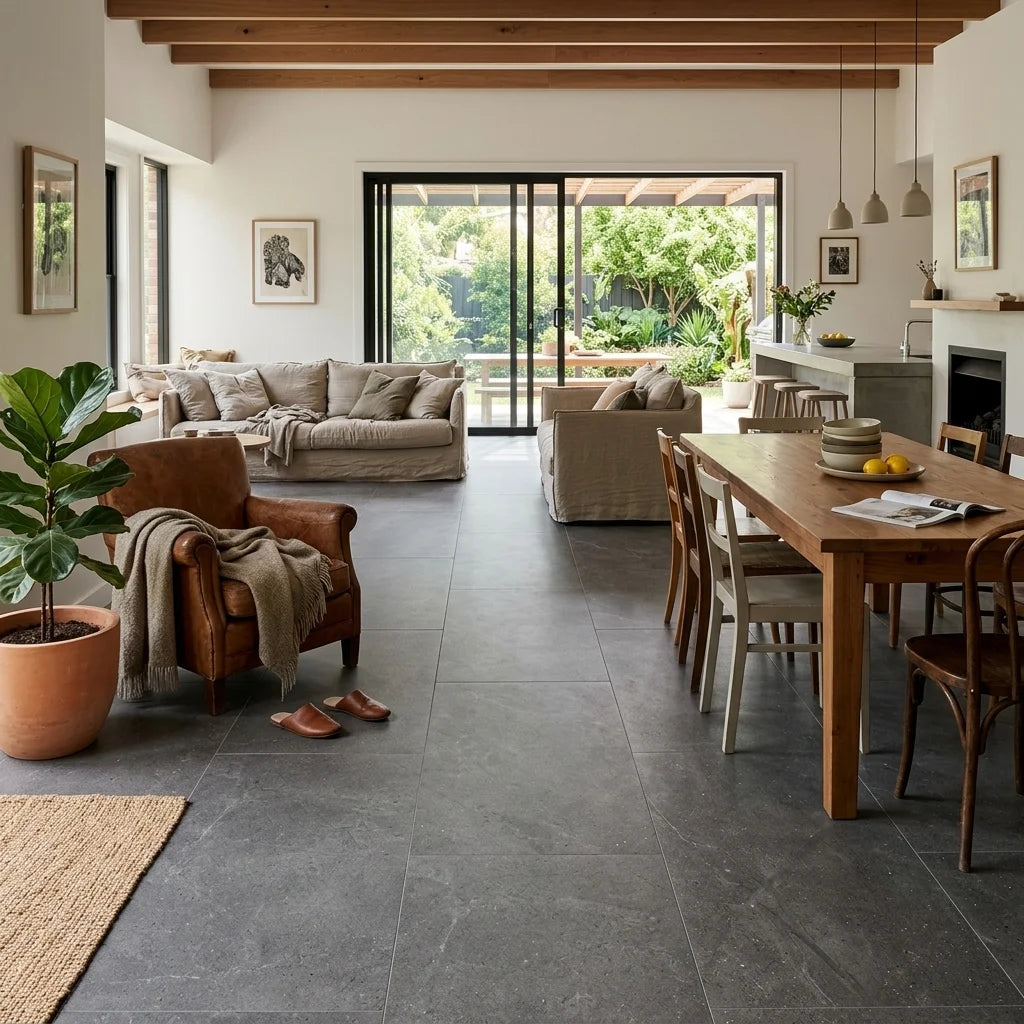 BHCV82 BERLINE SMOKE 1200X600 MATT — open-plan living + dining + kitchen