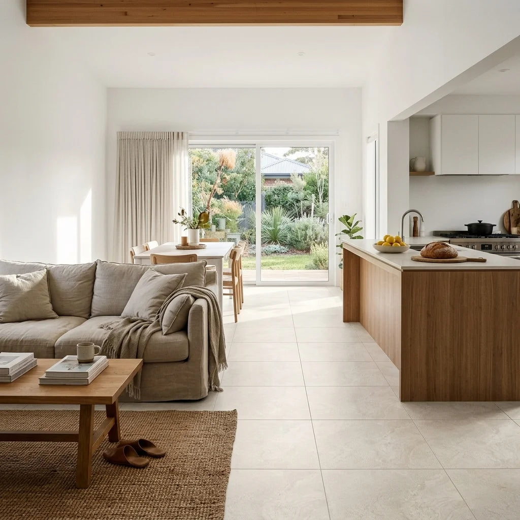BHF301 ALPINE SILVER 600X600 MATT — open-plan living + dining + kitchen