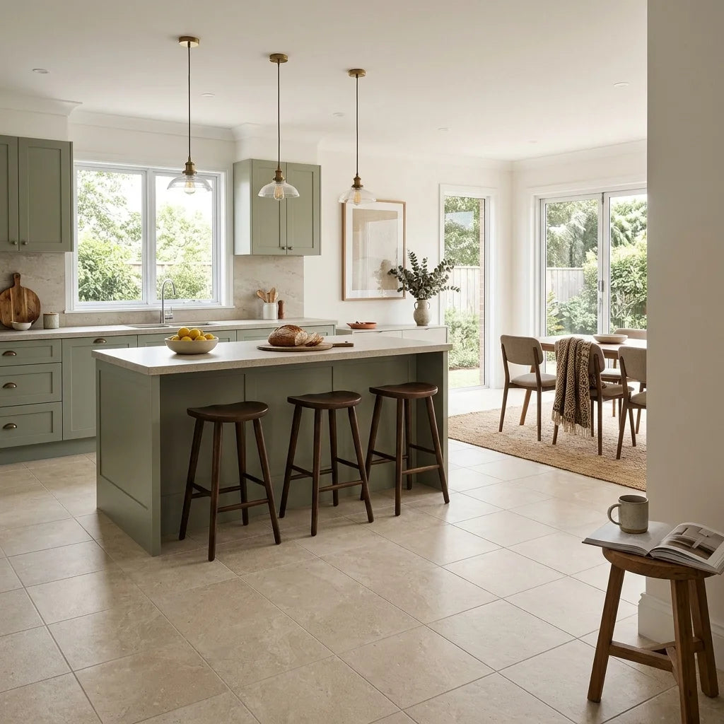 BHF302 ALPINE BEIGE 600X600 MATT — open-plan kitchen