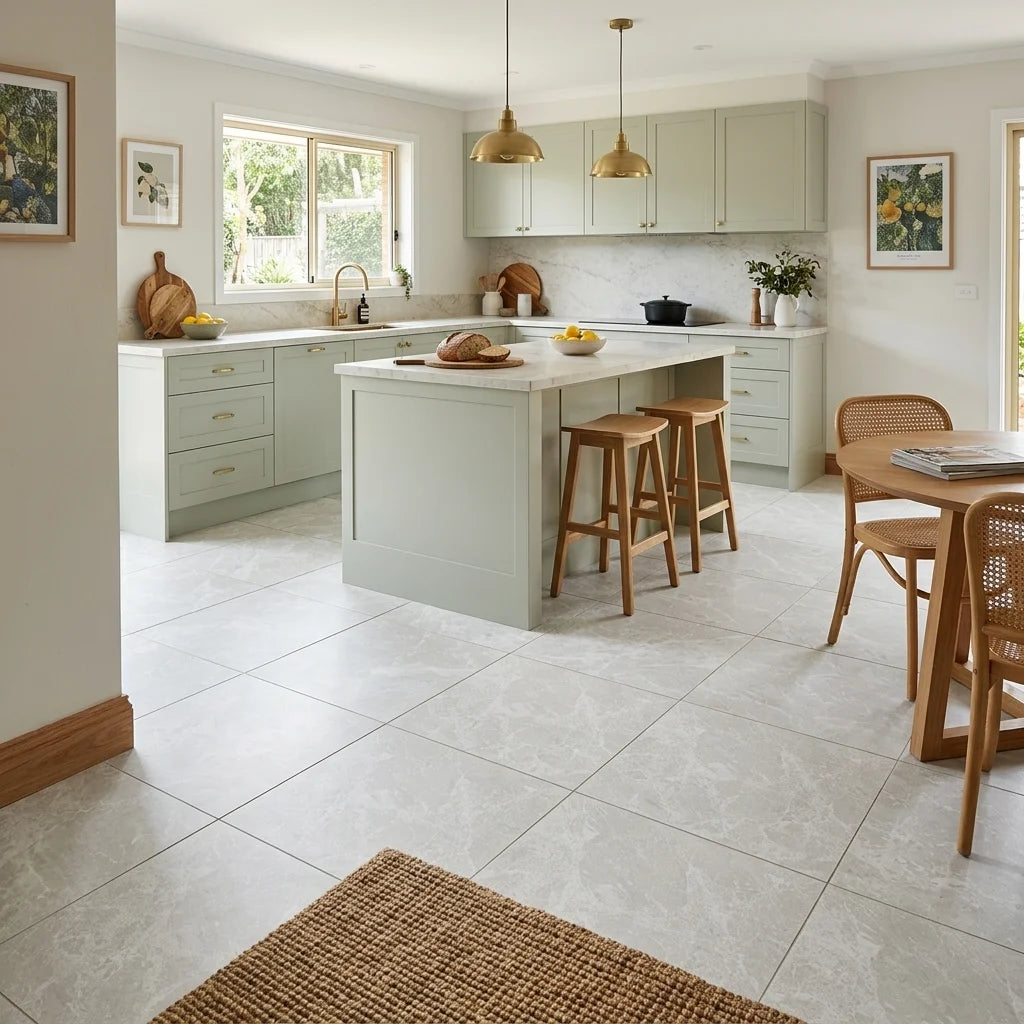 BHF304 TUNDRA STONE WHITE MATT 600X600 — open-plan kitchen