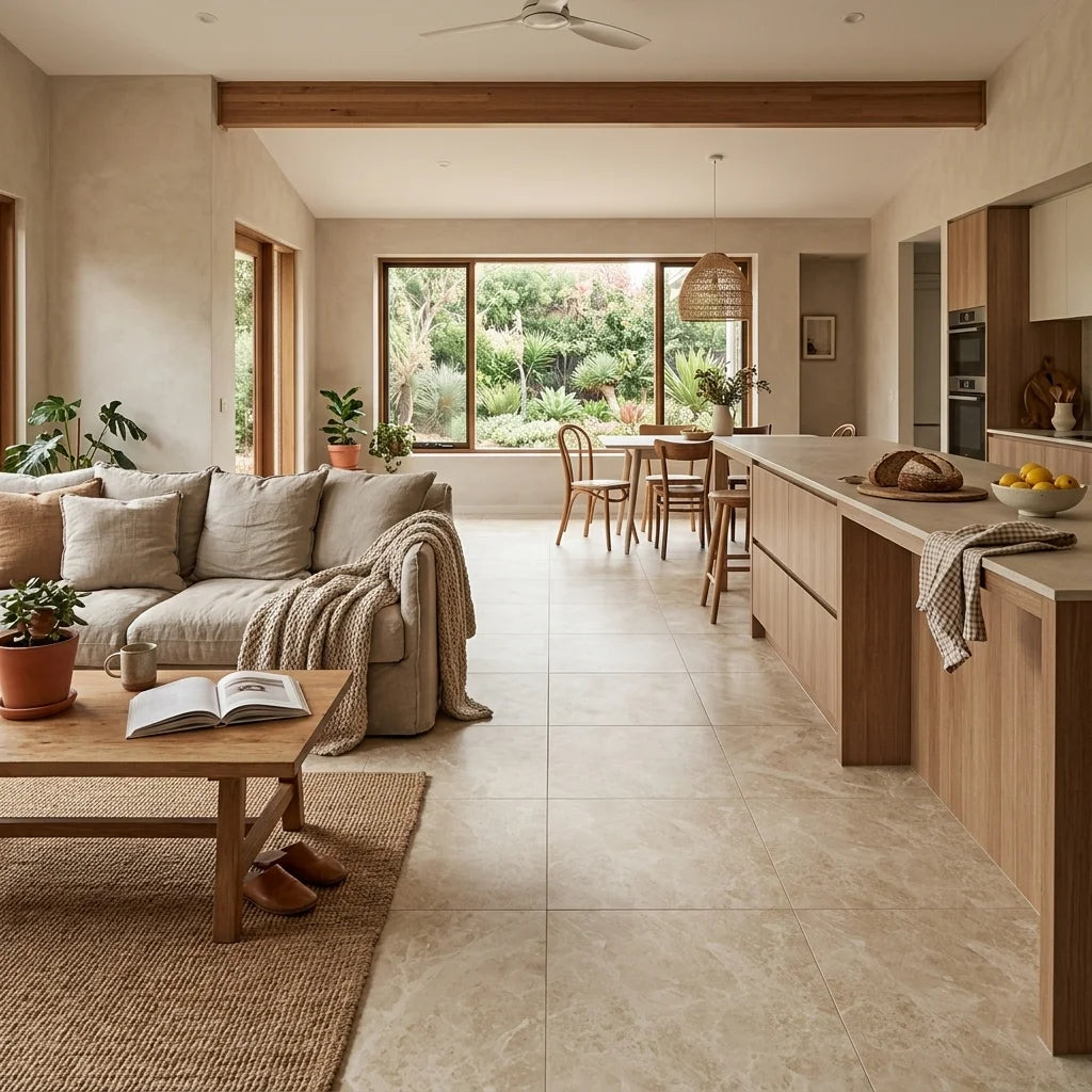 BHF306 TUNDRA STONE BEIGE MATT 600X600 — open-plan living + dining + kitchen