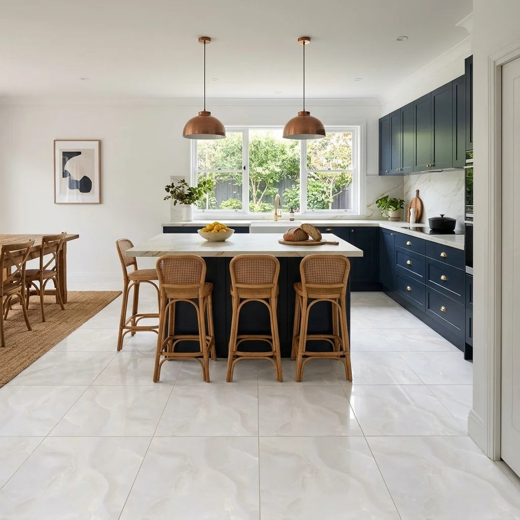 BHF309 ONYX WHITE 600X600 SATIN — open-plan kitchen