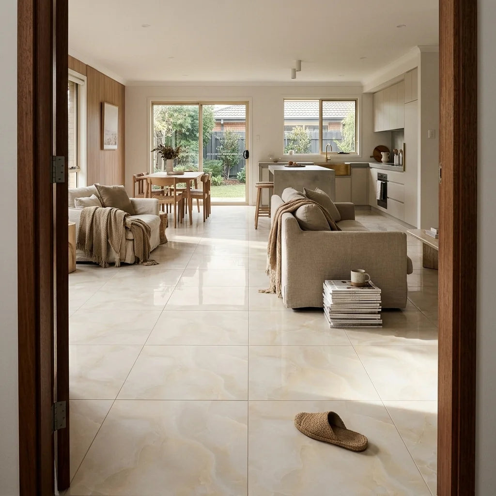 BHF310 ONYX BEIGE 600X600 POLISH — open-plan living + dining + kitchen