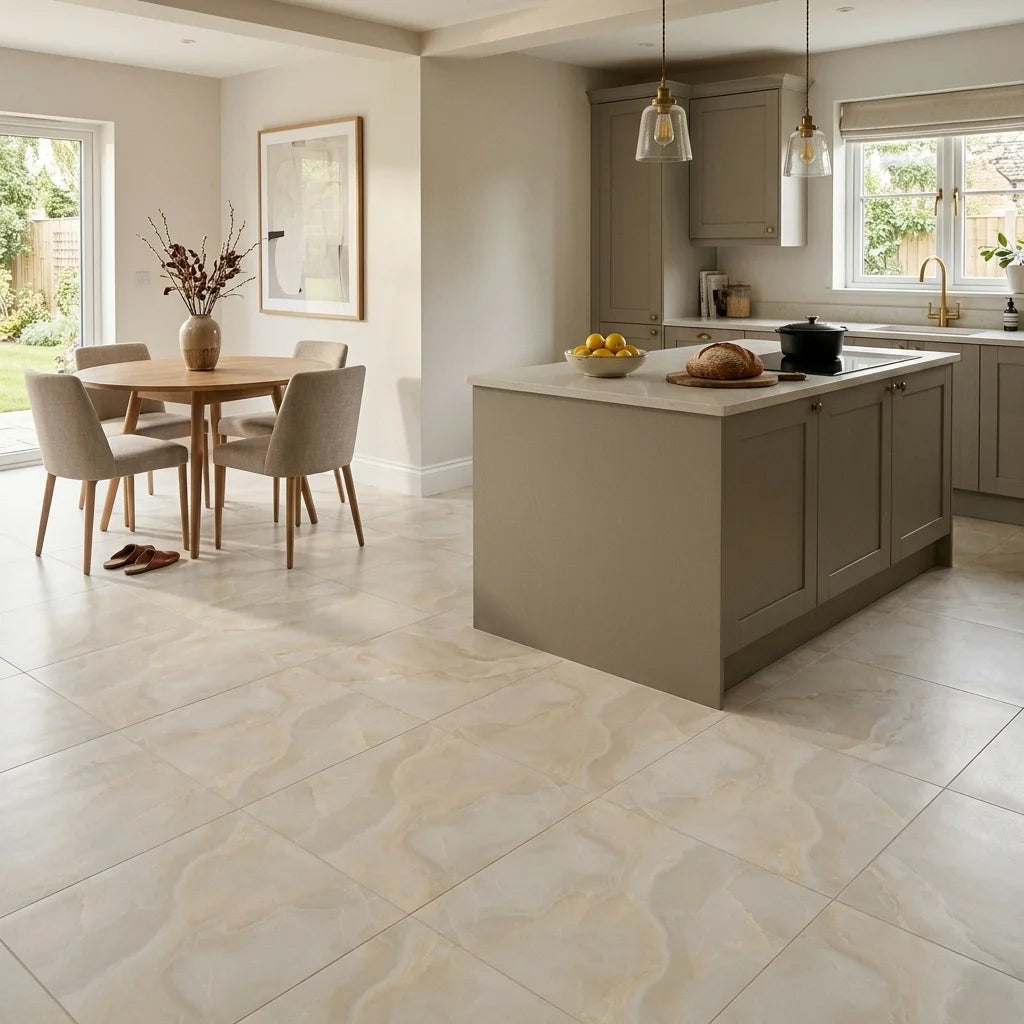 BHF311 ONYX BEIGE 600X600 SATIN — open-plan kitchen
